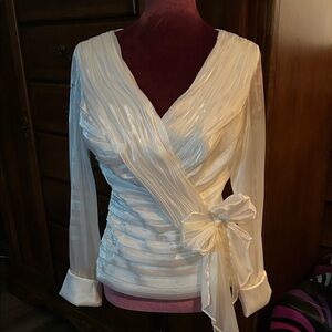 Victor Costa Shimmery Ivory Wrap Blouse with Side Bow Back Zip